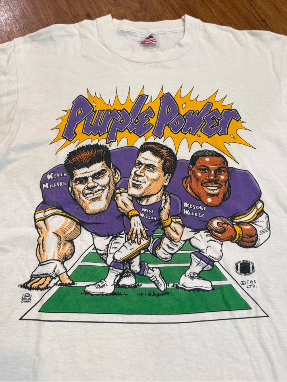 Vintage 1990 Minnesota Vikings Football Shirt Caricature Big Head Purple Power
